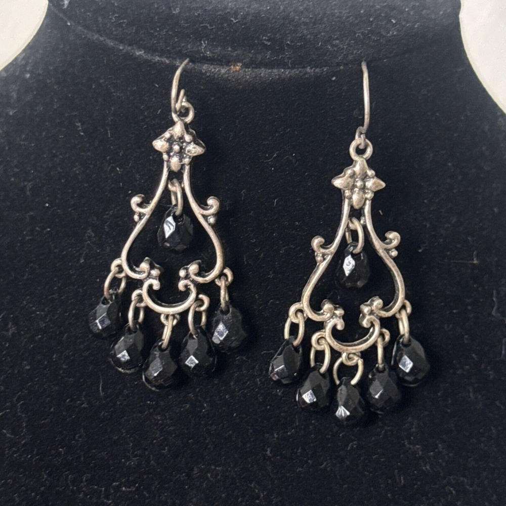 Vintage Silver-Tone Chandelier Earrings‎ Black Faceted Beads Gothic Dangle Boho